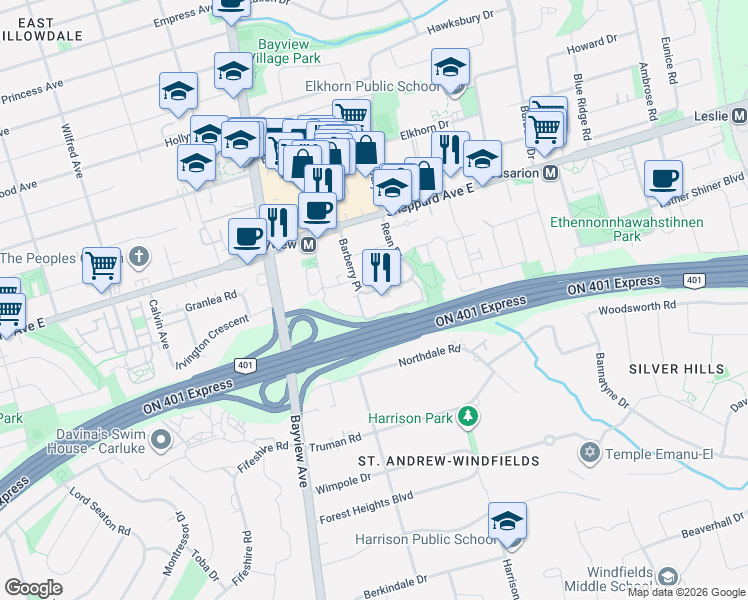 map of restaurants, bars, coffee shops, grocery stores, and more near 1 Rean Drive in Toronto