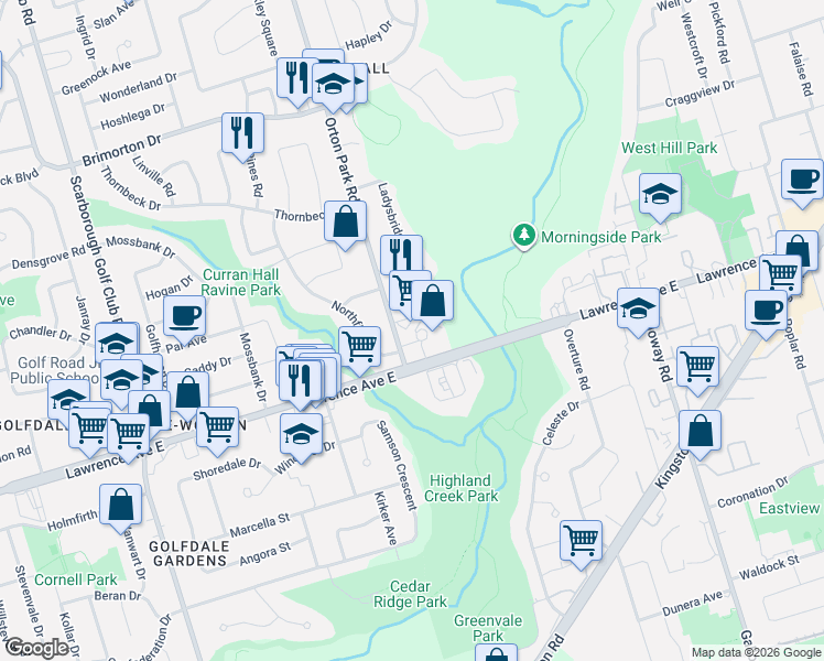 map of restaurants, bars, coffee shops, grocery stores, and more near 15 Orton Park Road in Toronto