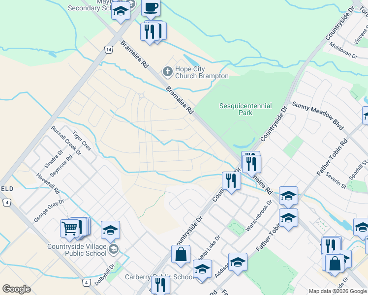 map of restaurants, bars, coffee shops, grocery stores, and more near 11532-11566 Bramalea Road in Brampton