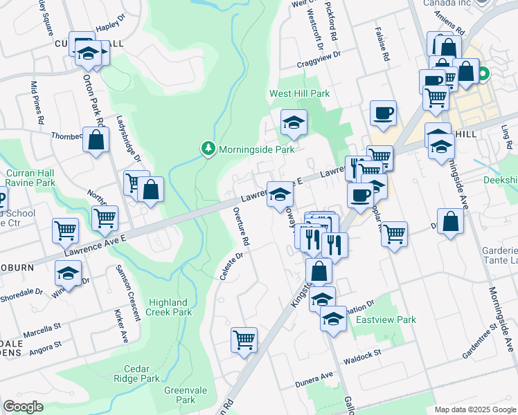 map of restaurants, bars, coffee shops, grocery stores, and more near 4067 Lawrence Avenue East in Toronto