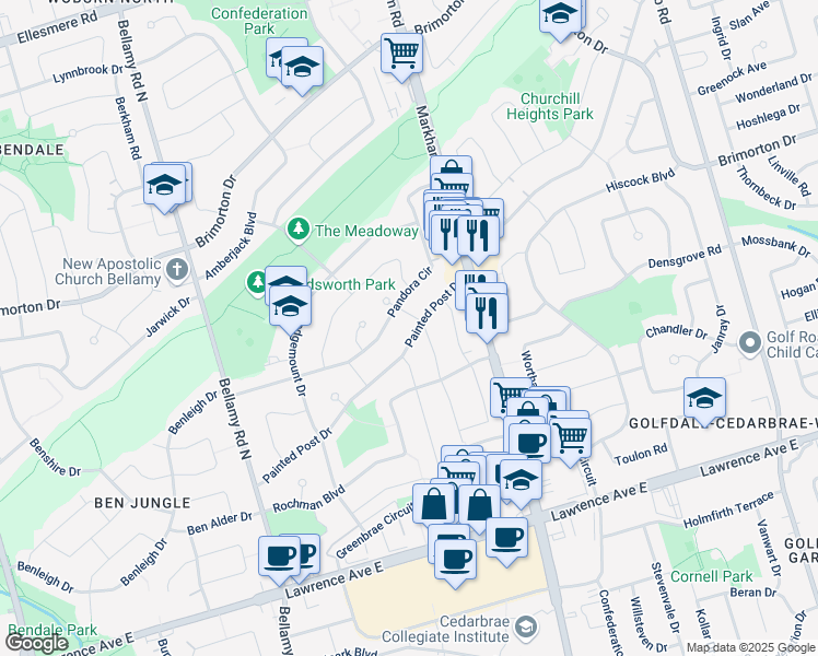 map of restaurants, bars, coffee shops, grocery stores, and more near in Toronto