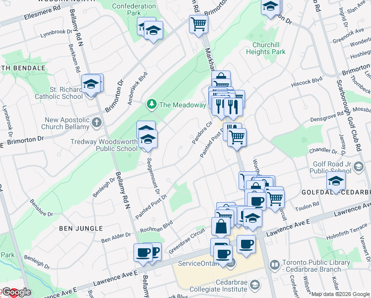 map of restaurants, bars, coffee shops, grocery stores, and more near in Toronto