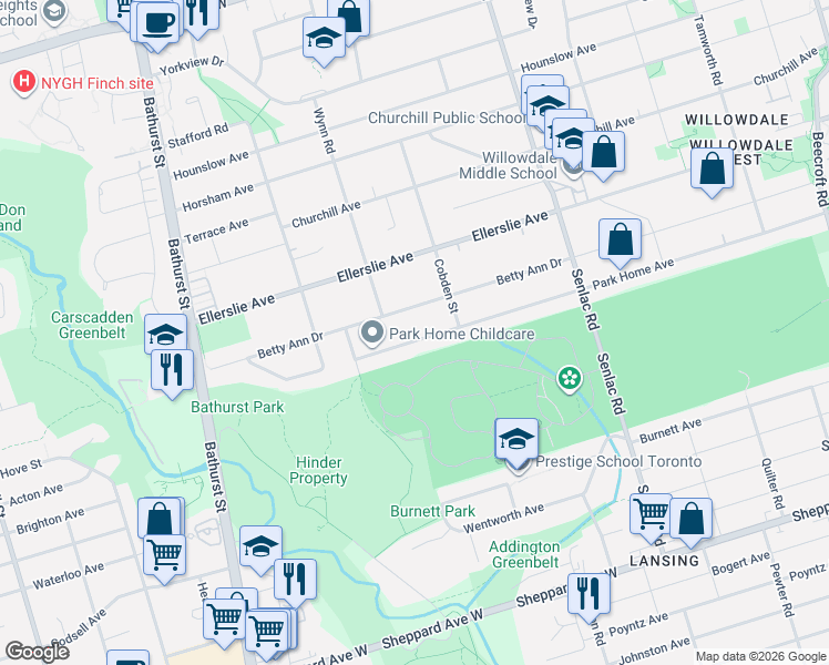 map of restaurants, bars, coffee shops, grocery stores, and more near 248 Park Home Avenue in Toronto