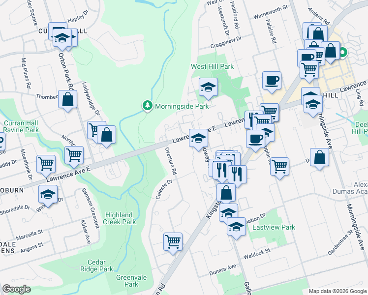 map of restaurants, bars, coffee shops, grocery stores, and more near 4067 Lawrence Avenue East in Toronto