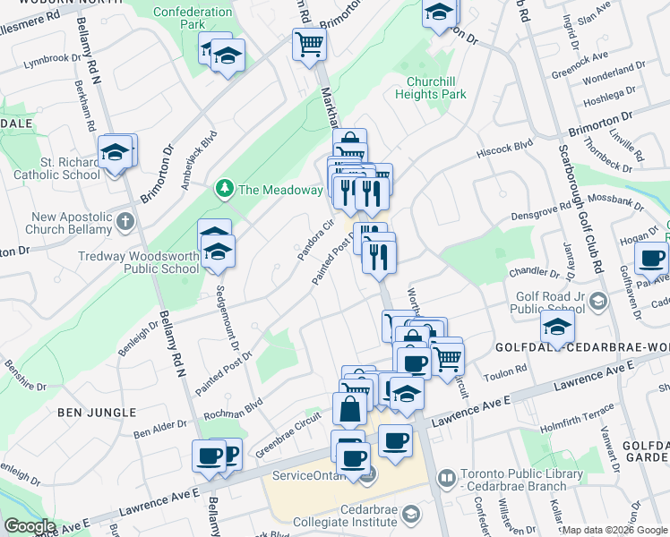 map of restaurants, bars, coffee shops, grocery stores, and more near 65 Sharbot Avenue in Toronto