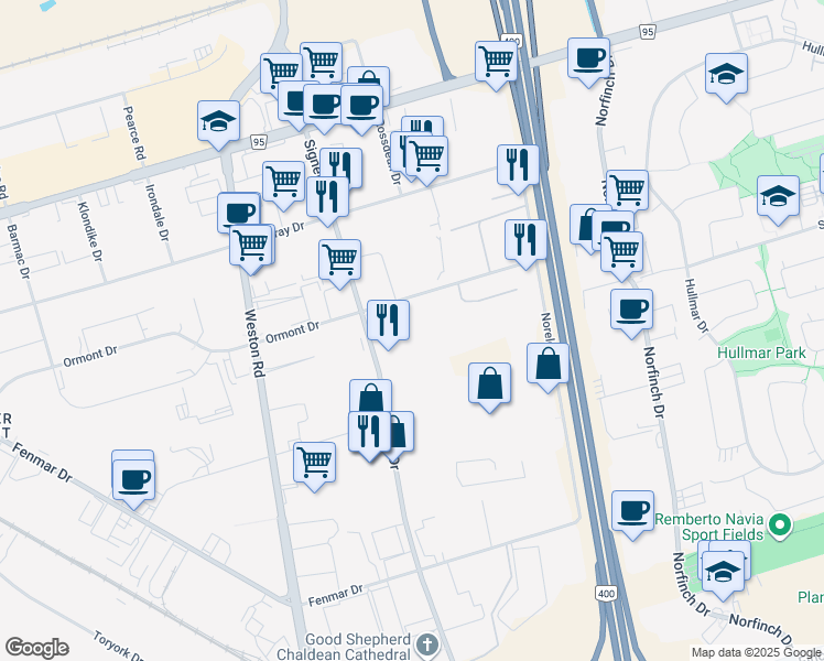 map of restaurants, bars, coffee shops, grocery stores, and more near 135 Ormont Drive in Toronto
