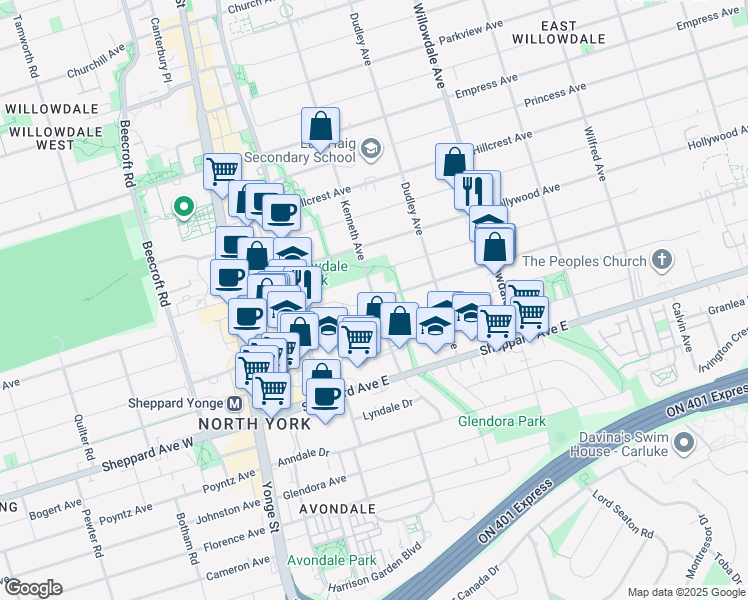 map of restaurants, bars, coffee shops, grocery stores, and more near 38 Kenneth Avenue in Toronto