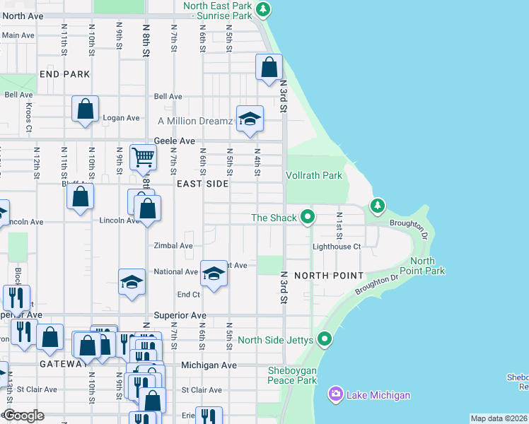 map of restaurants, bars, coffee shops, grocery stores, and more near 1919 North 4th Street in Sheboygan