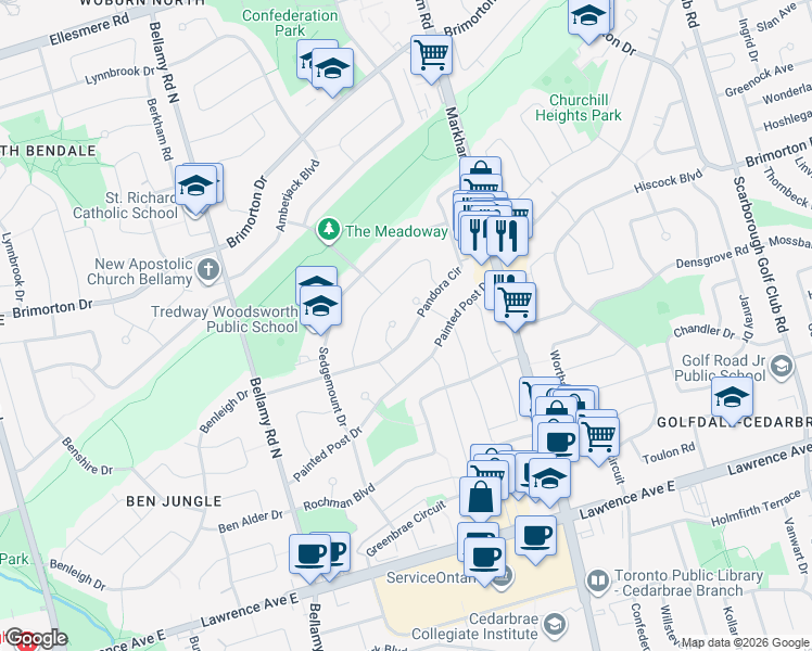 map of restaurants, bars, coffee shops, grocery stores, and more near 78 Pandora Circle in Toronto
