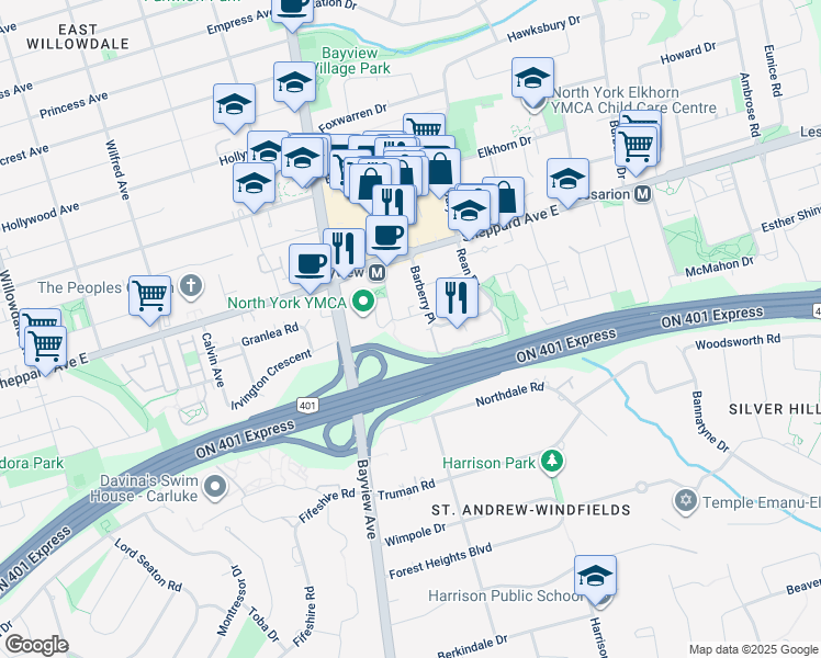 map of restaurants, bars, coffee shops, grocery stores, and more near 17 Barberry Place in Toronto