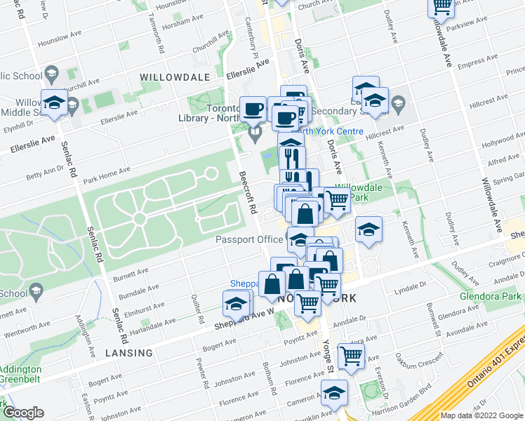 map of restaurants, bars, coffee shops, grocery stores, and more near 155 Beecroft Road in Toronto