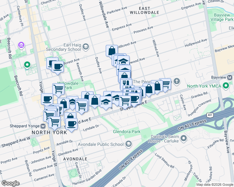 map of restaurants, bars, coffee shops, grocery stores, and more near Greenfield Avenue in Toronto