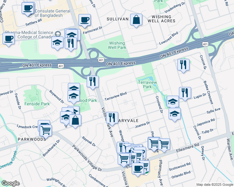 map of restaurants, bars, coffee shops, grocery stores, and more near 2 Alrita Crescent in Toronto