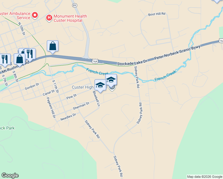 map of restaurants, bars, coffee shops, grocery stores, and more near 1645 Wildcat Lane in Custer