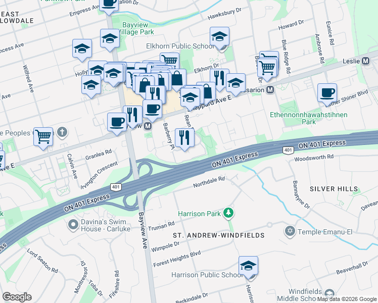 map of restaurants, bars, coffee shops, grocery stores, and more near 3 Rean Drive in Toronto