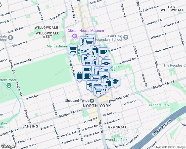 map of restaurants, bars, coffee shops, grocery stores, and more near  in Toronto
