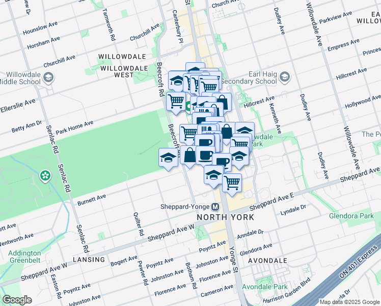 map of restaurants, bars, coffee shops, grocery stores, and more near 155 Beecroft Road in Toronto