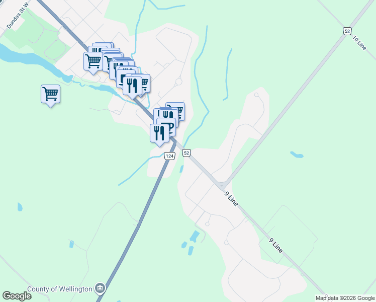 map of restaurants, bars, coffee shops, grocery stores, and more near 5405 Wellington Road 52 in Erin