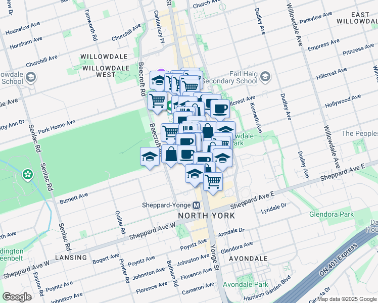 map of restaurants, bars, coffee shops, grocery stores, and more near 4968 Yonge Street in Toronto