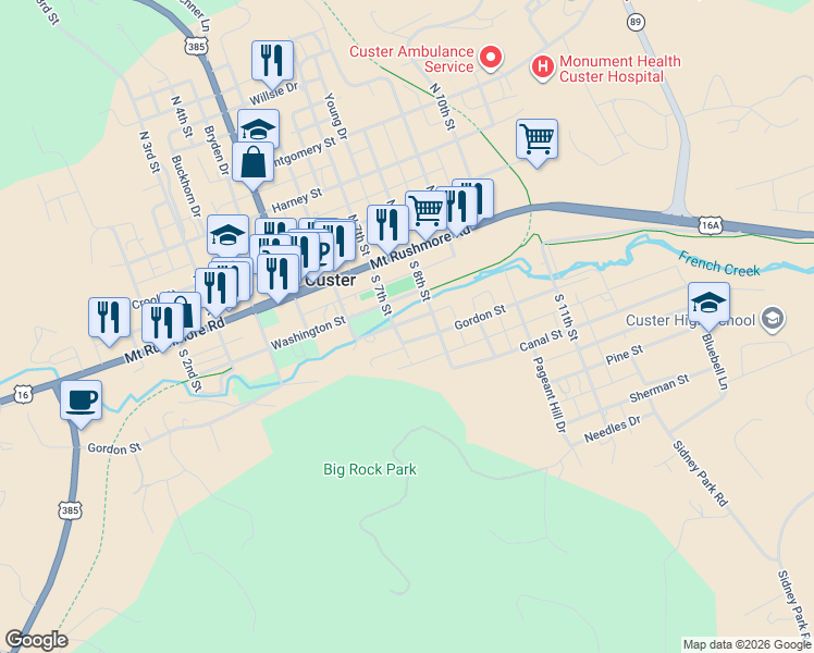 map of restaurants, bars, coffee shops, grocery stores, and more near 132 South 7th Street in Custer