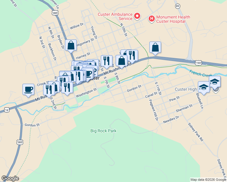 map of restaurants, bars, coffee shops, grocery stores, and more near 132 South 7th Street in Custer
