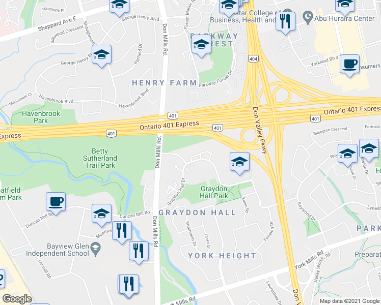 map of restaurants, bars, coffee shops, grocery stores, and more near 100 Graydon Hall Drive in Toronto