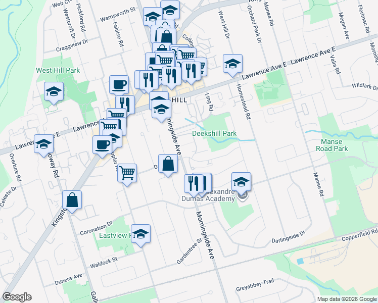 map of restaurants, bars, coffee shops, grocery stores, and more near 207 Morningside Avenue in Toronto