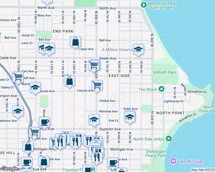 map of restaurants, bars, coffee shops, grocery stores, and more near North 7th Street in Sheboygan