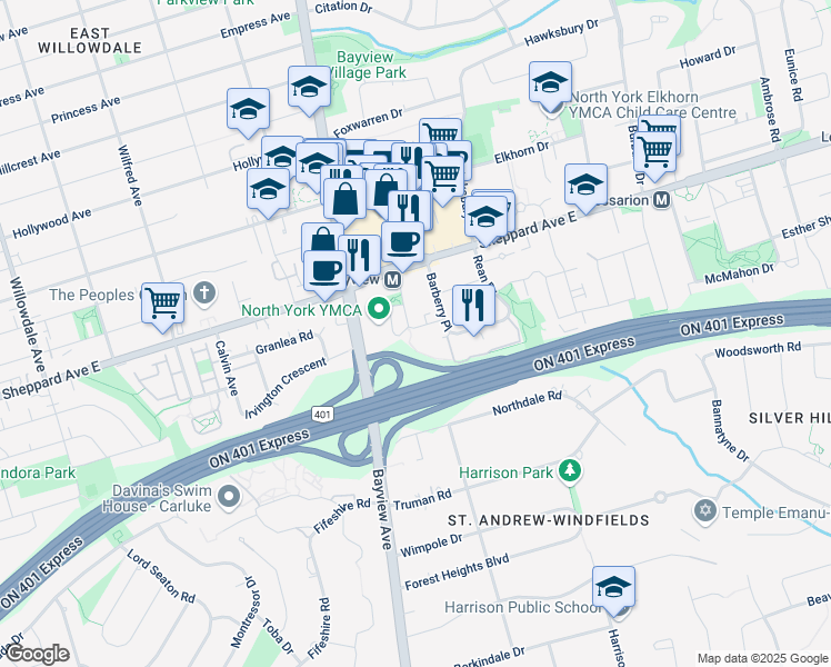 map of restaurants, bars, coffee shops, grocery stores, and more near 32 Kenaston Gardens in Toronto