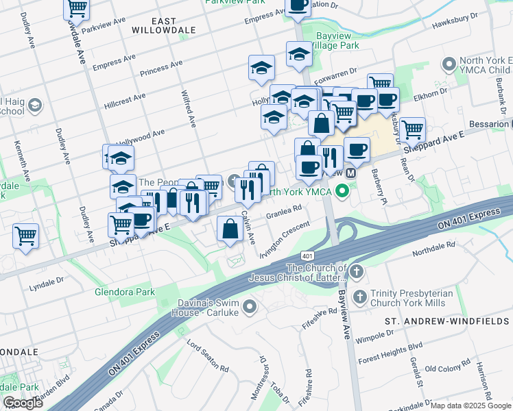 map of restaurants, bars, coffee shops, grocery stores, and more near 309 Sheppard Avenue East in Toronto