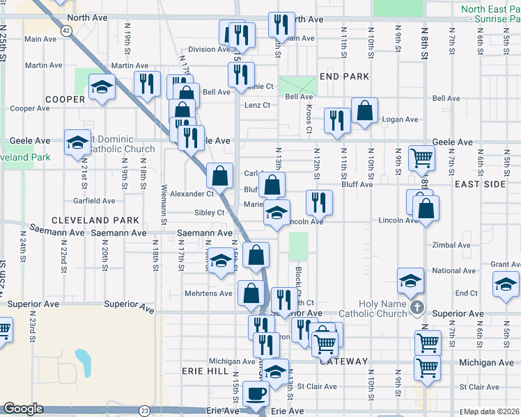 map of restaurants, bars, coffee shops, grocery stores, and more near 1345 Marie Court in Sheboygan