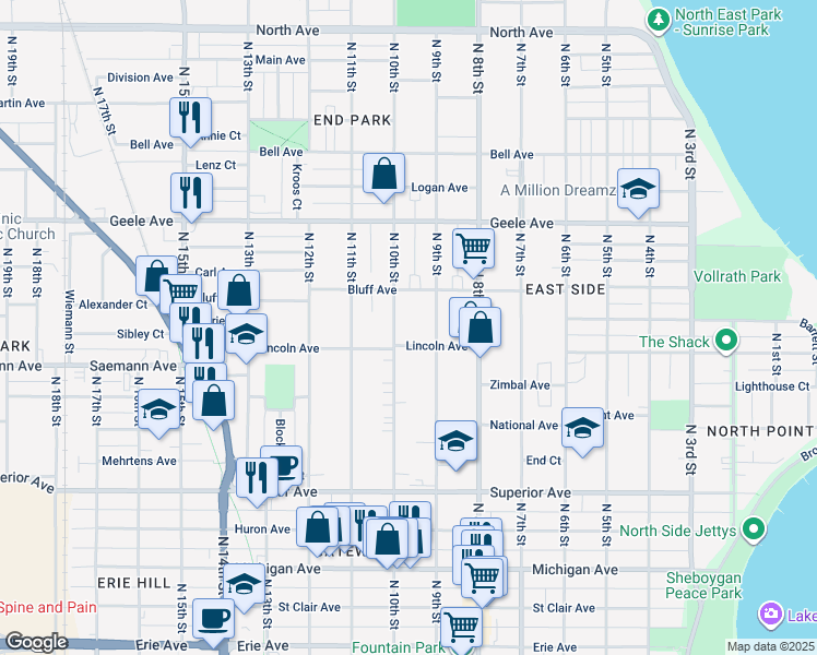 map of restaurants, bars, coffee shops, grocery stores, and more near 1919 N 10th St in Sheboygan