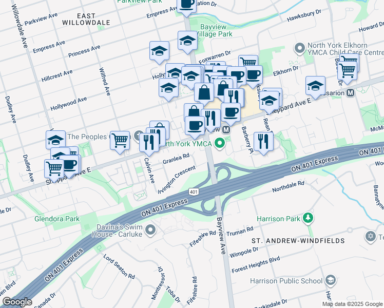map of restaurants, bars, coffee shops, grocery stores, and more near 42 Granlea Road in Toronto