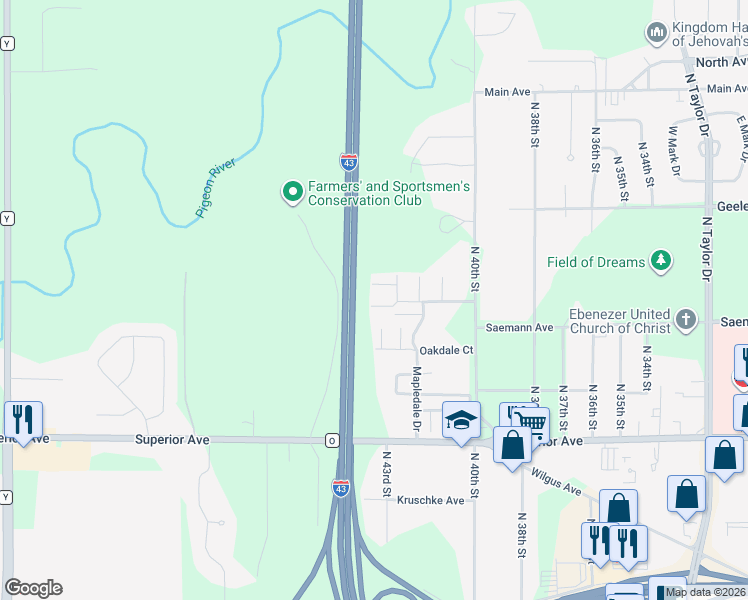 map of restaurants, bars, coffee shops, grocery stores, and more near 4218 Kirkwood Court in Sheboygan