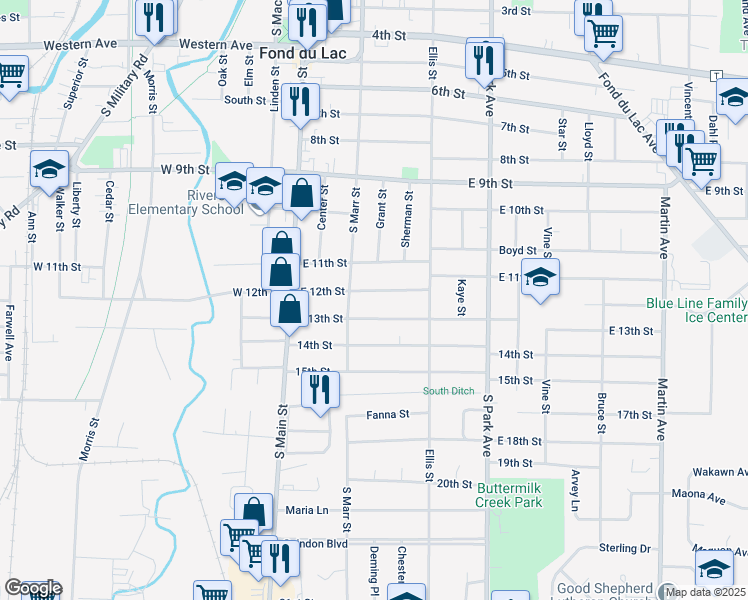 map of restaurants, bars, coffee shops, grocery stores, and more near 76 East 12th Street in Fond du Lac