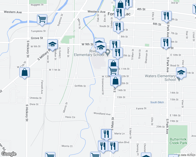 map of restaurants, bars, coffee shops, grocery stores, and more near 76 West 12th Street in Fond du Lac