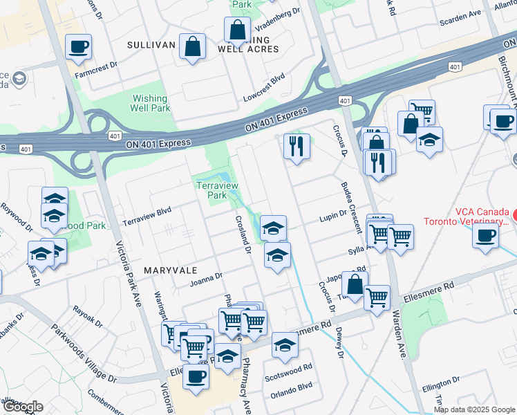 map of restaurants, bars, coffee shops, grocery stores, and more near 35 Penworth Road in Toronto
