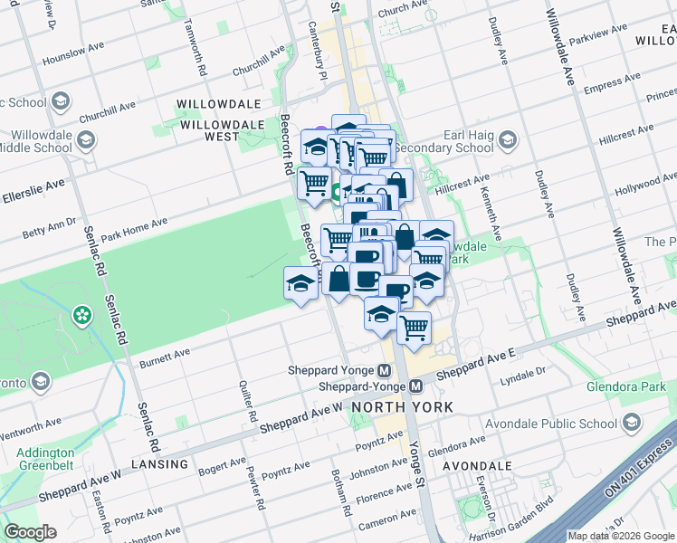map of restaurants, bars, coffee shops, grocery stores, and more near 153 Beecroft Road in Toronto