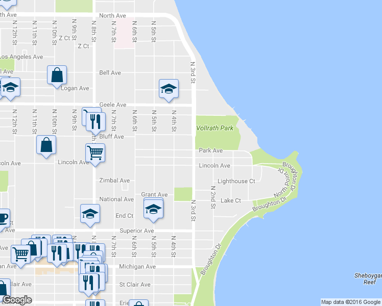 map of restaurants, bars, coffee shops, grocery stores, and more near 303 Park Ave in Sheboygan