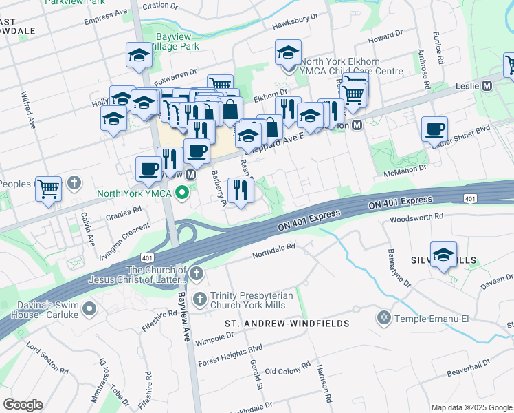 map of restaurants, bars, coffee shops, grocery stores, and more near 3 Rean Drive in Toronto