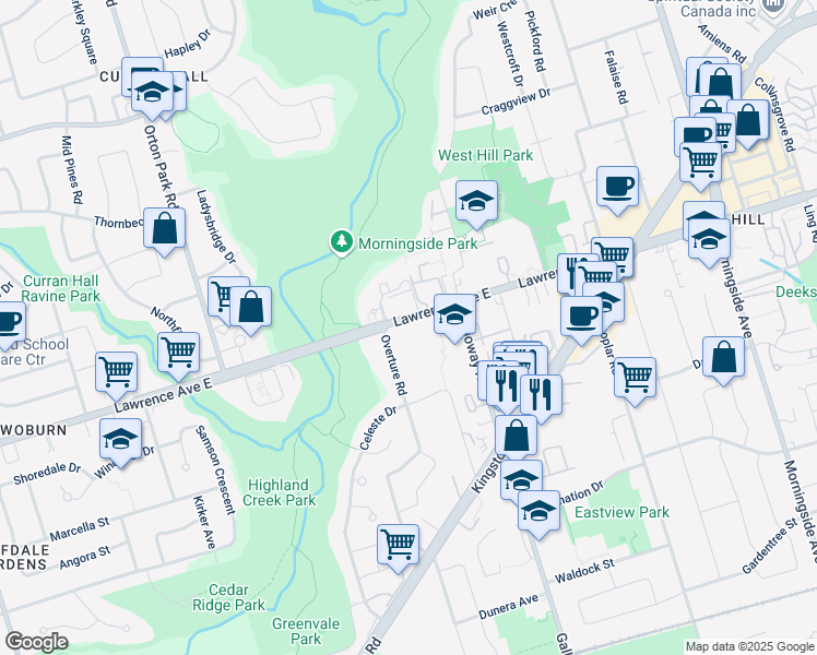 map of restaurants, bars, coffee shops, grocery stores, and more near 4067 Lawrence Avenue East in Toronto