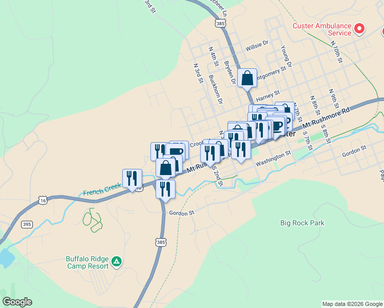 map of restaurants, bars, coffee shops, grocery stores, and more near 38 North 1st Street in Custer