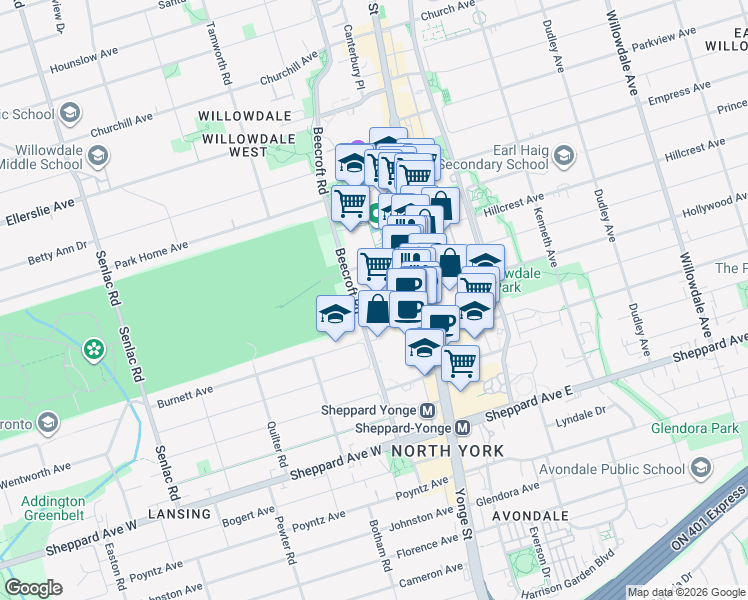 map of restaurants, bars, coffee shops, grocery stores, and more near in Toronto