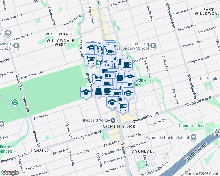 map of restaurants, bars, coffee shops, grocery stores, and more near 4968 Yonge Street in Toronto