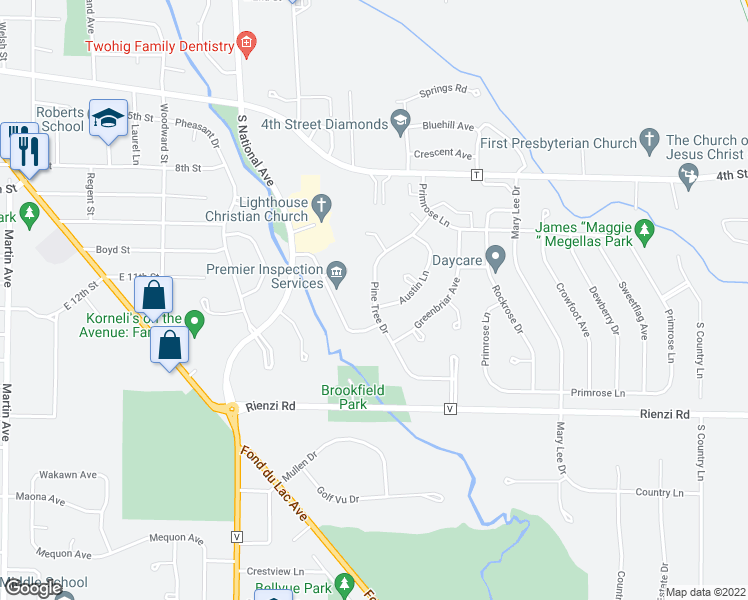 map of restaurants, bars, coffee shops, grocery stores, and more near 479 Pine Tree Drive in Fond du Lac