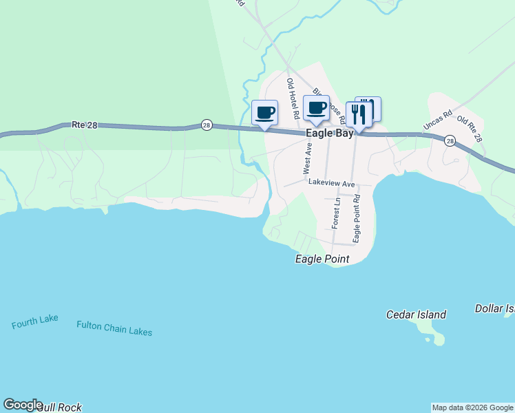 map of restaurants, bars, coffee shops, grocery stores, and more near 176 Lone Pine Road North in Old Forge