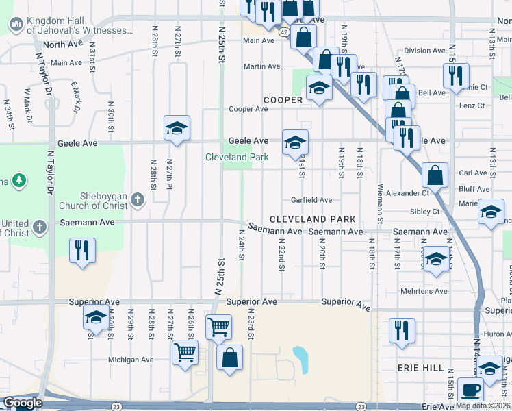 map of restaurants, bars, coffee shops, grocery stores, and more near 1840 N 23rd St in Sheboygan