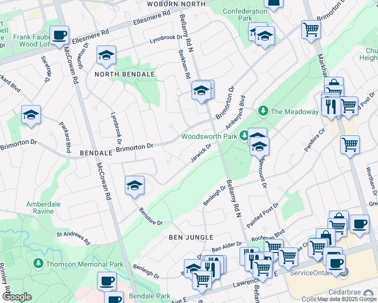 map of restaurants, bars, coffee shops, grocery stores, and more near 7 Woolwick Drive in Toronto