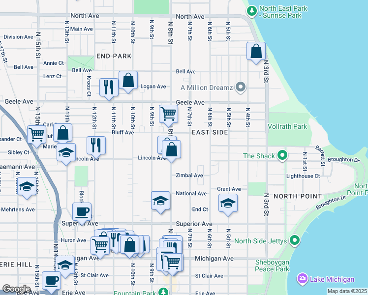 map of restaurants, bars, coffee shops, grocery stores, and more near 1921 North 8th Street in Sheboygan