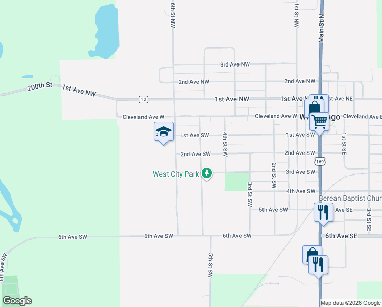 map of restaurants, bars, coffee shops, grocery stores, and more near 505 2nd Avenue Southwest in Winnebago